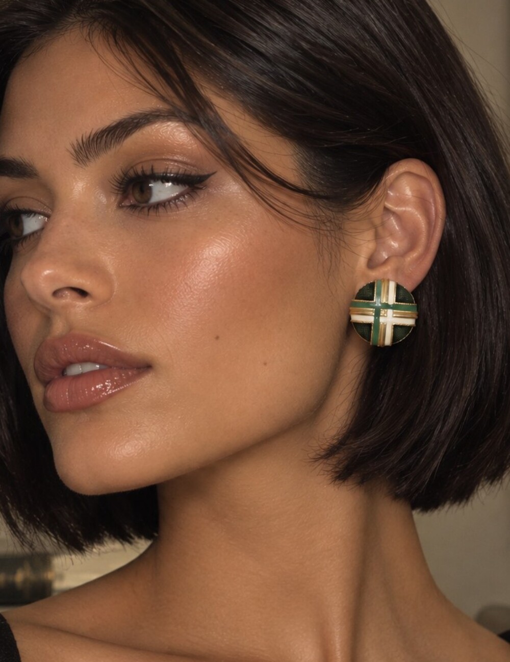 Vintage 1980s Green Black Cream & Gold Geometric Statement Earrings